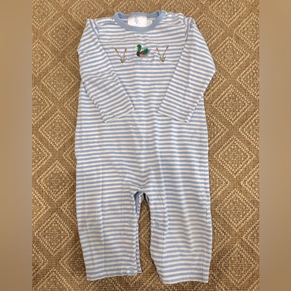 Little English Blue and White Striped Mallard Romper